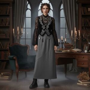 Vintage 90s Y2K CHRISTOPHER & BANKS Grey Pinstripe Midi Skirt S | Goth Classic